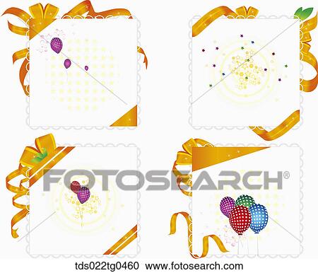 Various square postcards with gold ribbons ad balloons View Large Illustration Clipart - Various square postcards with gold ribbons ad balloons. Fotosearch