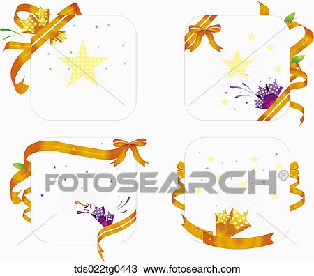 Drawing - Various square postcards with gold ribbons and stars. Fotosearch