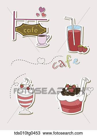 Various types of icons for cafe and desserts View Large Illustration Drawing - Various types of icons for cafe and desserts. Fotosearch
