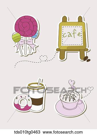 Various types of icons for cafe and desserts View Large Illustration Drawing - Various types of icons for cafe and desserts. Fotosearch