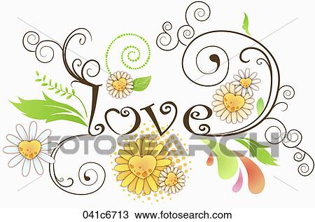 Drawing - Word LOVE with flowers and leaves. Fotosearch