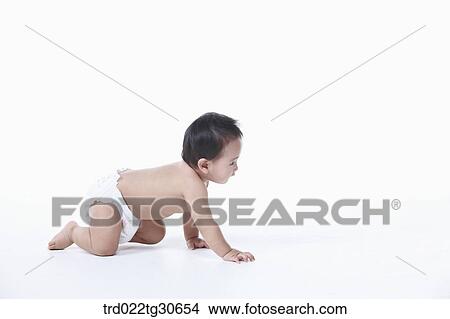 Picture - Baby boy in nappy crawling. Fotosearch