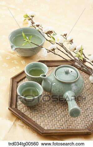 Classical jade tea set with cherry blossom View Large Photo Image Stock Image - Classical jade tea set with cherry blossom. Fotosearch