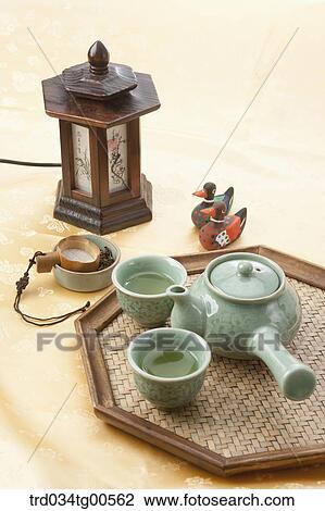 Stock Image - Classical jade tea set with korean traditional ornaments. Fotosearch