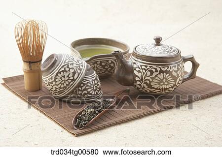 Classical tea set with green tea leaves View Large Photo Image Stock Image - Classical tea set with green tea leaves. Fotosearch
