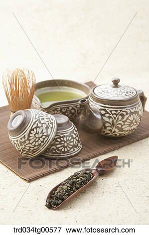 Classical tea set with green tea leaves View Large Photo Image Stock Photo - Classical tea set with green tea leaves. Fotosearch