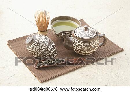Classical tea set with green tea leaves View Large Photo Image Stock Photo - Classical tea set with green tea leaves. Fotosearch