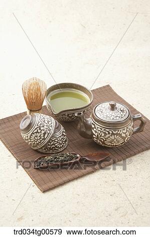 Classical tea set with green tea leaves View Large Photo Image Stock Photo - Classical tea set with green tea leaves. Fotosearch
