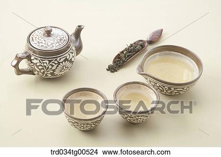 Cups of tea, a tea pot and dried tea leaves View Large Photo Image Picture - Cups of tea, a tea pot and dried tea leaves. Fotosearch
