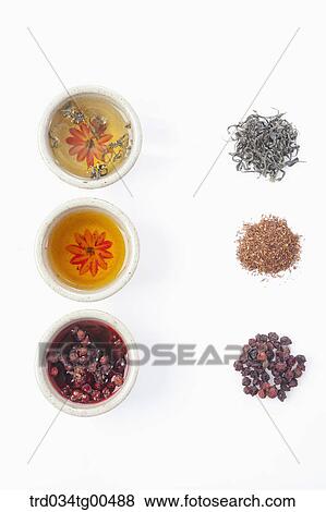 Cups of various tea with fruits and leaves View Large Photo Image Stock Photo - Cups of various tea with fruits and leaves. Fotosearch