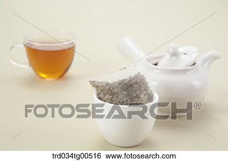 Tea bag, a tea pot and a cup of tea View Large Photo Image Stock Photograph - Tea bag, a tea pot and a cup of tea. Fotosearch