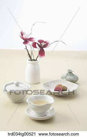 Stock Image - Tea set with korean traditional sweets and flowers. Fotosearch
