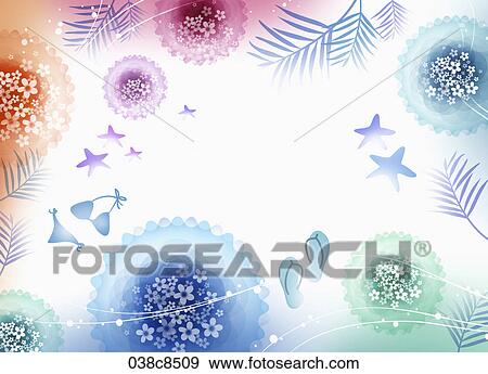Stock Illustration - Abstractive image of beach items and flower. Fotosearch
