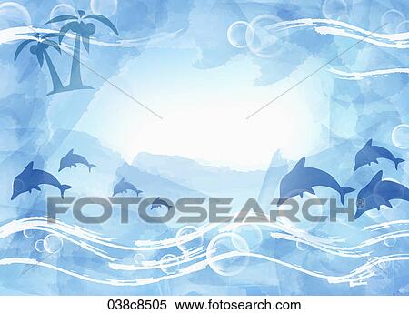 Stock Illustration - Abstractive image of blue dolphin and palm tree. Fotosearch