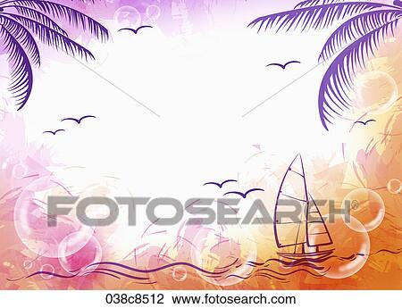 Drawing - Abstractive image of purple sailing boat and palm tree. Fotosearch