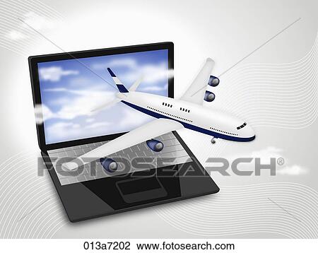 Airplane flying out from a laptop View Large Illustration Drawing - Airplane flying out from a laptop. Fotosearch