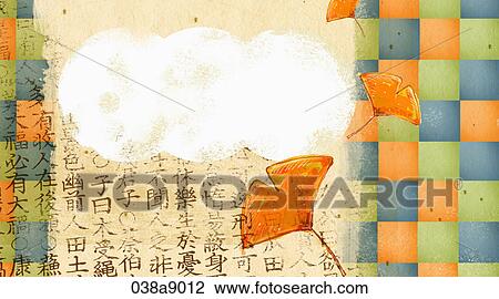 Drawing - autumn pattern with chinese characters and ginko leaves. Fotosearch