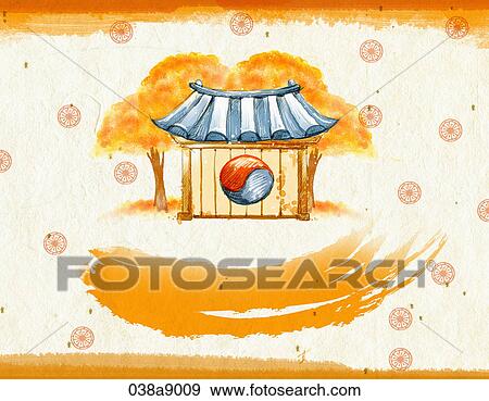 autumn pattern with korean house View Large Illustration Stock Illustration - autumn pattern with korean house. Fotosearch