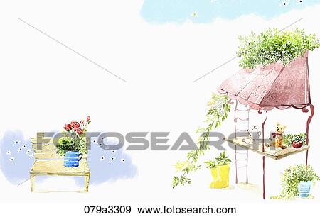 Stock Illustration - beautiful scenery and a bench. Fotosearch