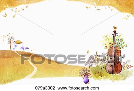 beautiful scenery and a cello View Large Illustration Drawing - beautiful scenery and a cello. Fotosearch