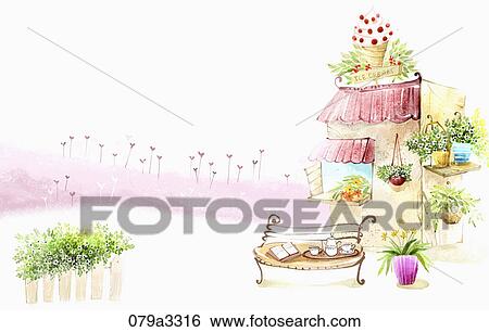 beautiful scenery and a icecream shop View Large Illustration Stock Illustration - beautiful scenery and a icecream shop. Fotosearch