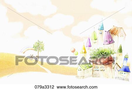 Drawing - beautiful scenery and a village. Fotosearch