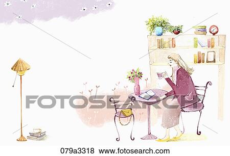 Stock Illustration - beautiful scenery and a woman with coffee. Fotosearch