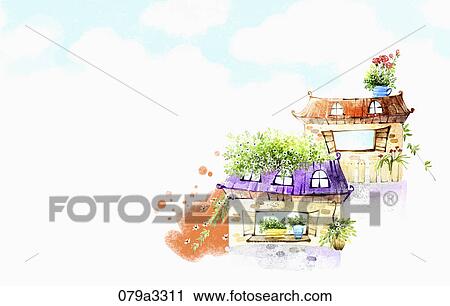 Clip Art - beautiful scenery and houses. Fotosearch