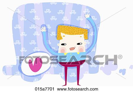 Clip Art - boy raises his hands up with smile. Fotosearch