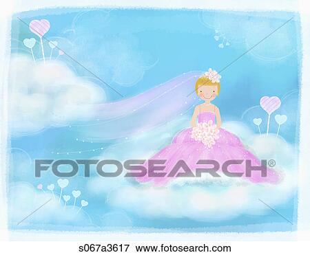 bride in pink dress on clouds View Large Illustration Stock Illustration - bride in pink dress on clouds. Fotosearch