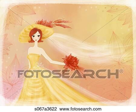 Drawing - bride in yellow dress with brownish flowers. Fotosearch