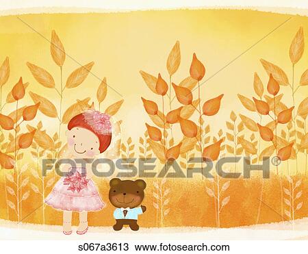 Drawing - brown plants and a little bride and teddy bear groom. Fotosearch