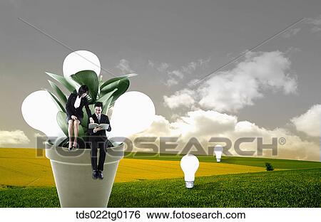 Stock Illustration - business people are sitting on the flower pot. Fotosearch