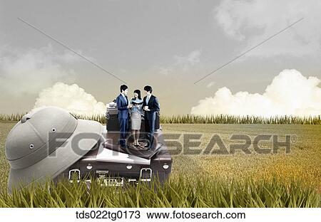 Drawing - business people gathers together in autumn background. Fotosearch