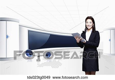 Stock Illustration - business woamn doing works using tablet pc. Fotosearch
