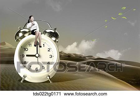 business woman is sitting on the clock which was on the desert View Large Illustration Clip Art - business woman is sitting on the clock which was on the desert. Fotosearch