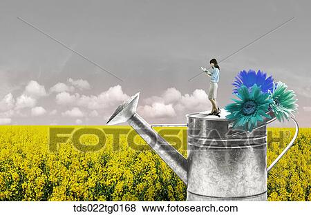 Stock Illustration - business woman is standing on the watering can. Fotosearch