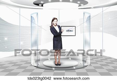Drawing - career woman shows the graphs . Fotosearch