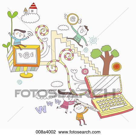 Drawing - children and eudcation through internet service. Fotosearch