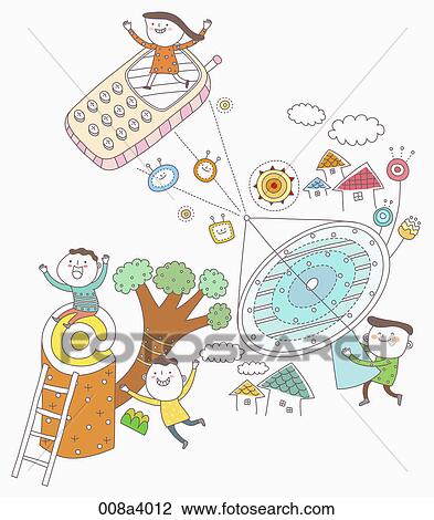 Drawing - children and eudcation through internet service. Fotosearch