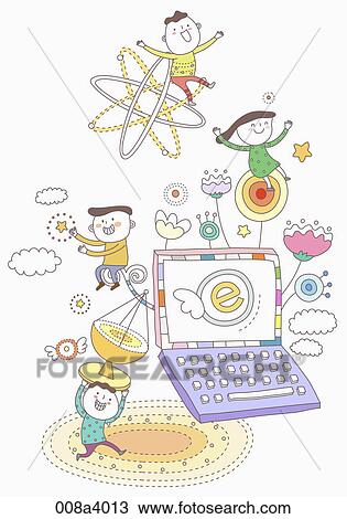 Drawing - children and eudcation through internet service. Fotosearch