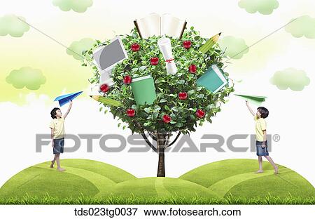 Stock Illustration - children flying paper airplane. Fotosearch