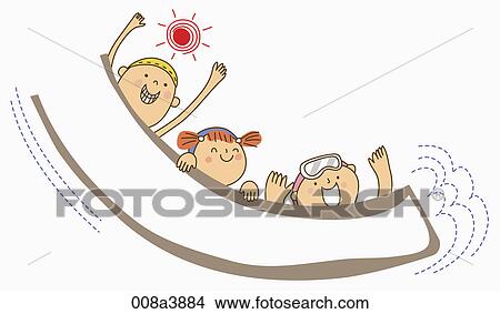 Stock Illustration - children riding waves. Fotosearch