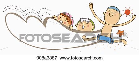 Stock Illustration - children riding waves. Fotosearch