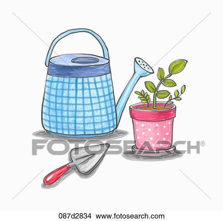 Drawing of a pink pot and blue watering pot View Large Illustration Stock Illustration - Drawing of a pink pot and blue watering pot. Fotosearch