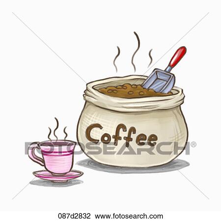 Drawing - Drawing of coffee beans and a cup of coffee. Fotosearch