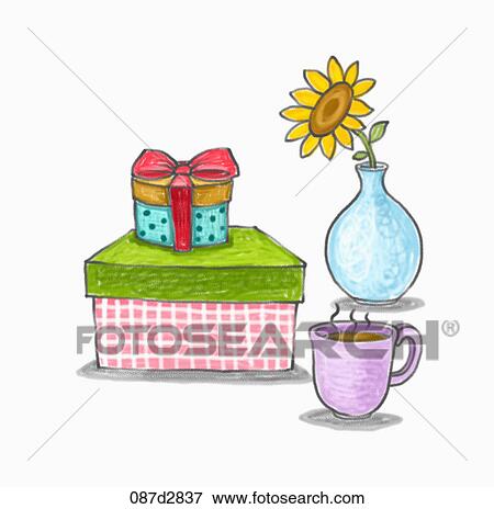 Stock Illustration - Drawing of gift boxes and sunflower. Fotosearch