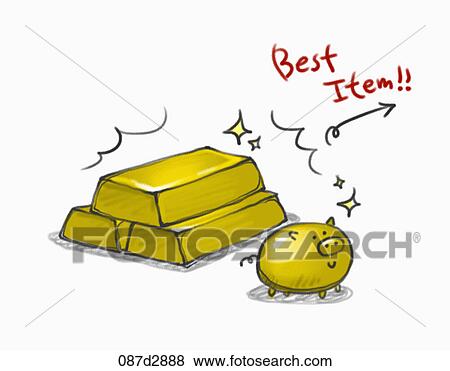 Drawing of gold blocks and a gold pig View Large Illustration Stock Illustration - Drawing of gold blocks and a gold pig. Fotosearch