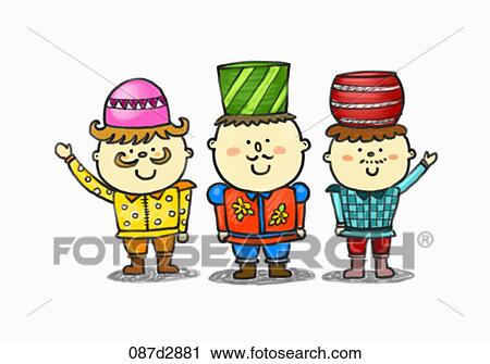 Drawing of three men in colorful clothes View Large Illustration Clip Art - Drawing of three men in colorful clothes. Fotosearch