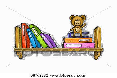 Drawing of various colors of books on a shelf View Large Illustration Drawing - Drawing of various colors of books on a shelf. Fotosearch